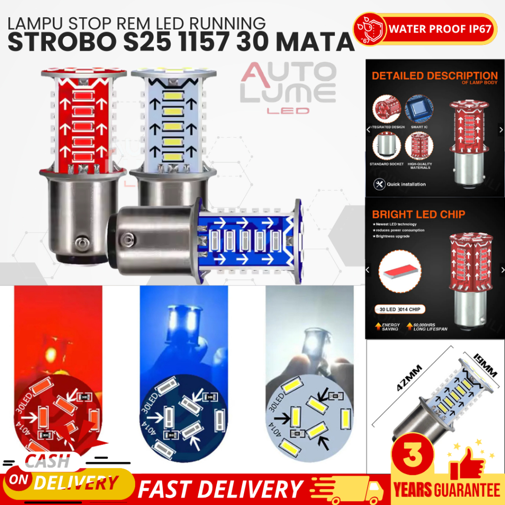 MATA Universal LED หยุดไฟเบรค Strobe ไฟเบรค Dusk Running / S25 1157 30 ตารถจักรยานยนต์รถ