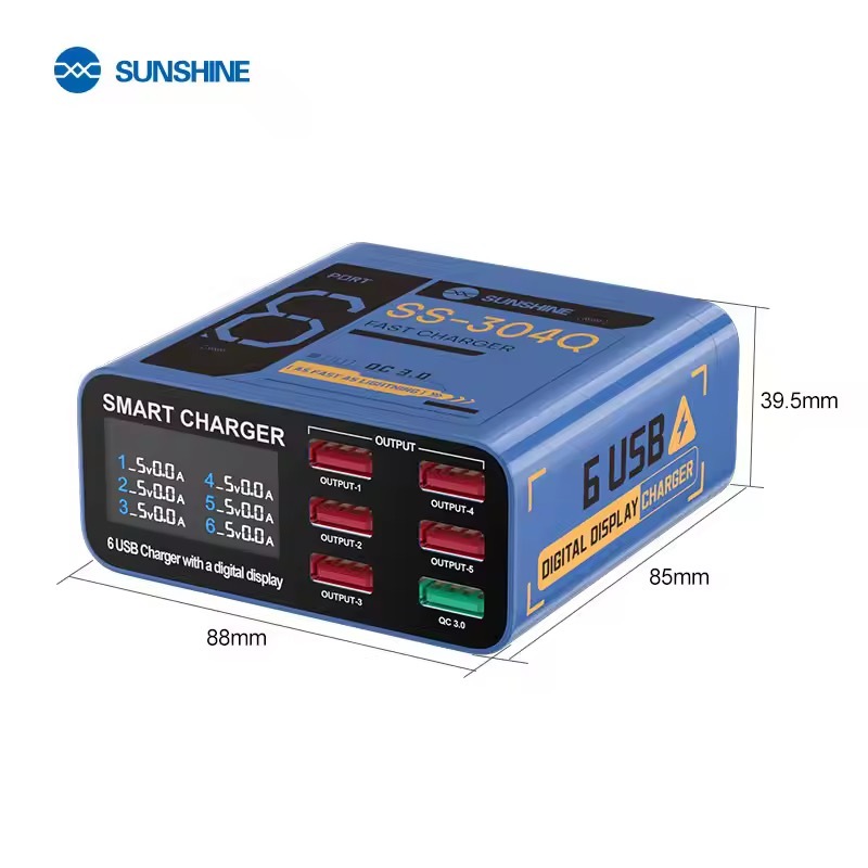 ใหม่ล่าสุด CHARGER ADAPTER 6 PORT USB SCHEMATIC 40W QC 3.0 FAST CHARGING - SUNSHINE SS-304Q ORIGINAL