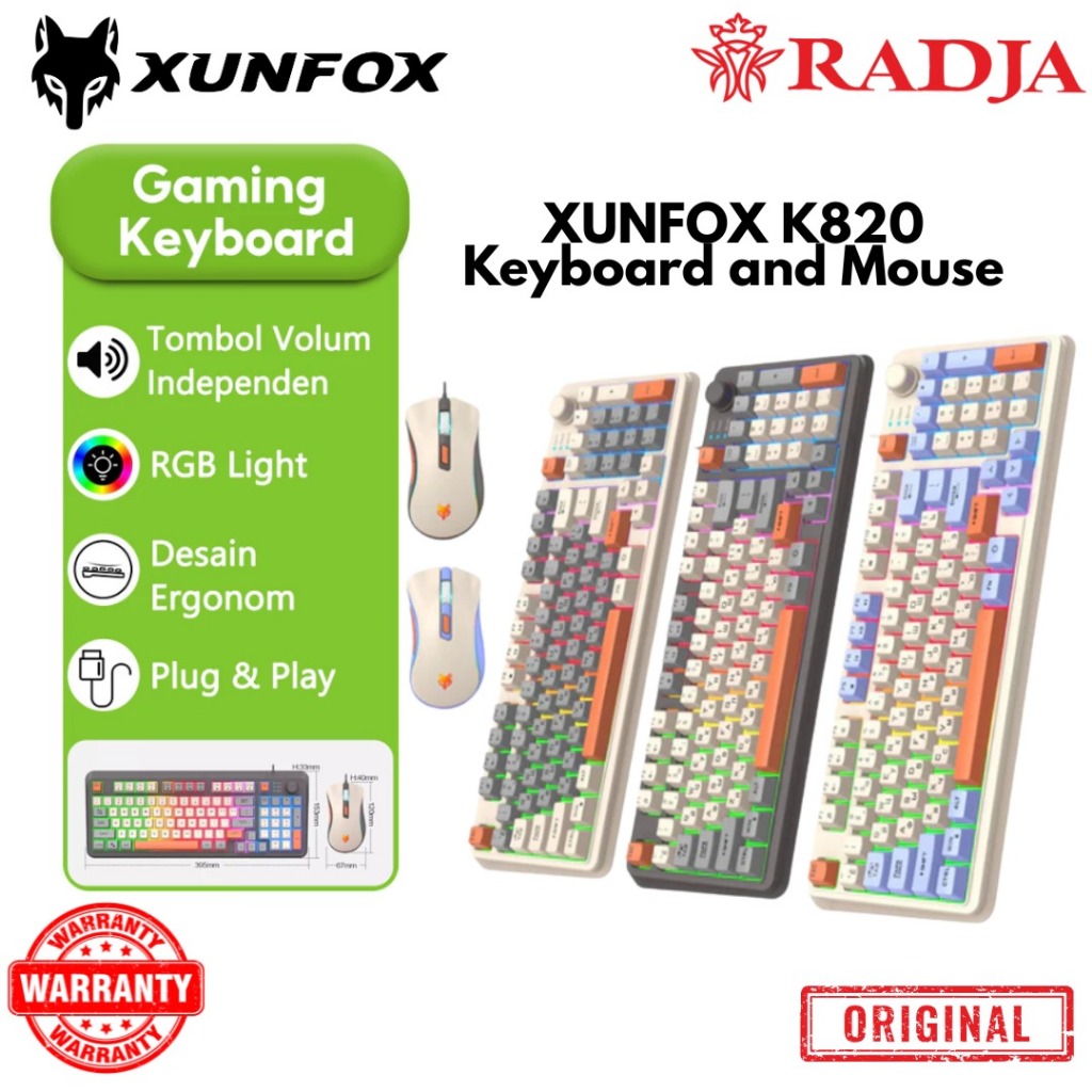 XUNFOX K820 คีย์บอร์ดเกม RGB LED USB แบบมีสาย 94 คีย์ปุ่มด้านบนพร้อมเมาส์