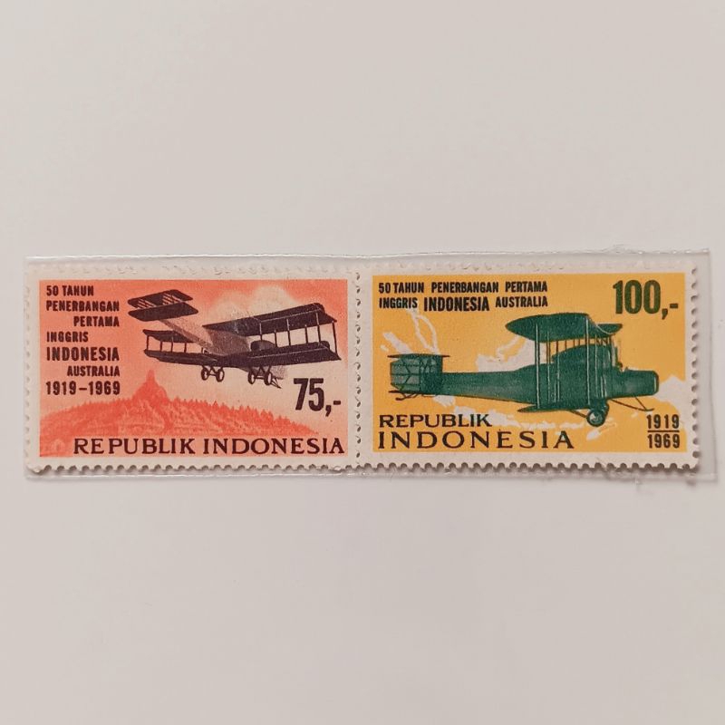 (OG) แสตมป์อินโดนีเซีย 1969 50 Years Aviation English - อินโดนีเซีย - Australia Complete Set 2 pcs M
