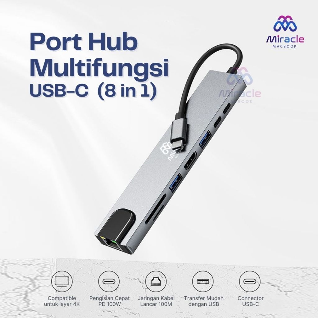 USB C HUB MIRACLE 8 in 1 – HDMI 4K, RJ45, USB, SD/TF Card, Dongle Adapter สําหรับแล็ปท็อป/Macbook