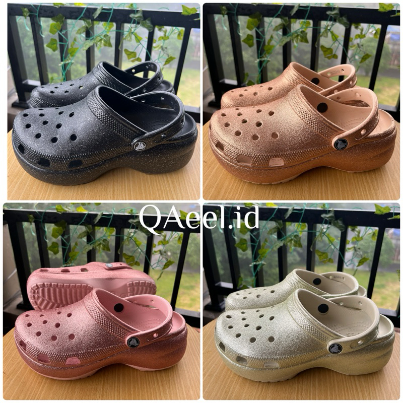 CROCS CLASSIC PLATFORM GLITTER CLOG รองเท้าแตะผู้หญิง (แถม tote + jibbiit)