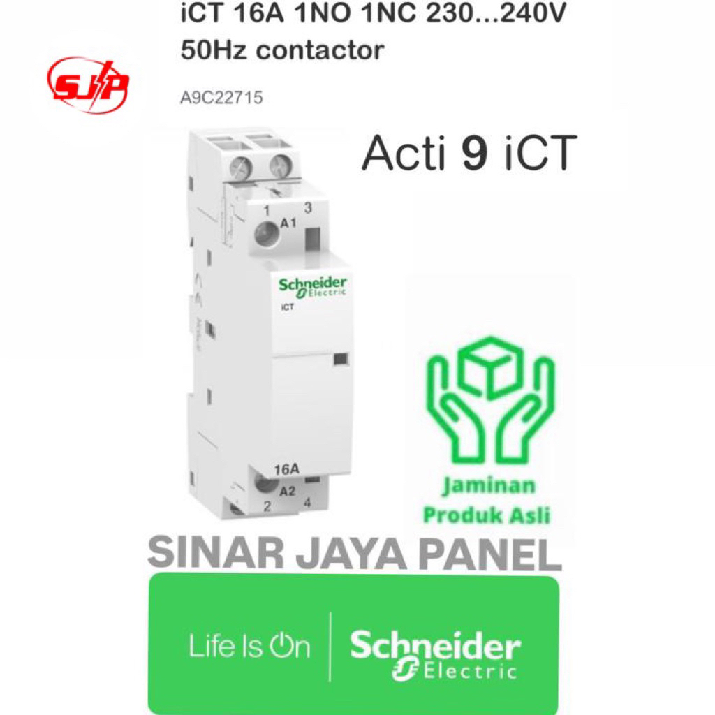 ORIGINAL CONTACTOR DIN ICT 2P 16a 1NO 1NC CONTACTOR DIN SCHNEIDER A9C22715