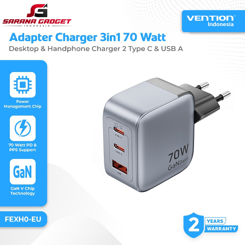 VENTION FEXH0-EU Adapter Charger Head 3 in 1 70W 3A 2 Type C USB A GaN Dash Series Super Fast Chargi