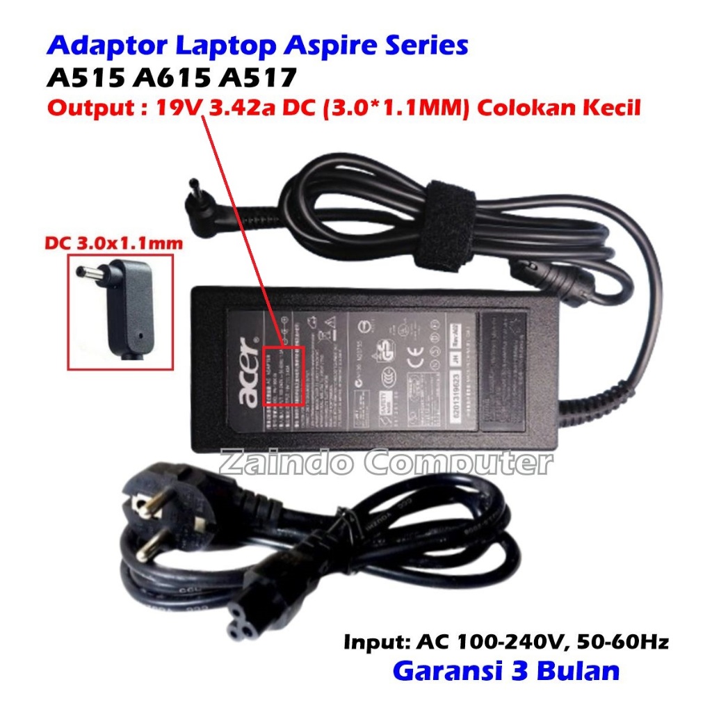 ADAPTER ACER 19V 3.42A (3.0x1.1MM) ASPIRE 5 A515 A615 A517 A515-41G A515-51 A515-52 A515-52G A515-56