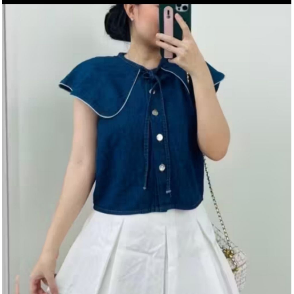 SUKI SAILOR COLLAR RIBBON VEST//VEST, DENIM, ผู้หญิง, กางเกงยีนส์