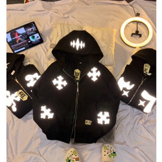JDMCLOTHING  Zipper Boxy Hoodie Reflective Menyala Double Kepala Zipper Fleece 280 Gsm Unisex ki