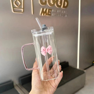Gelas kaca tumbler pita estetik dengan tutup dan sedotan untuk minum kopi/susu/jus anti tumpah