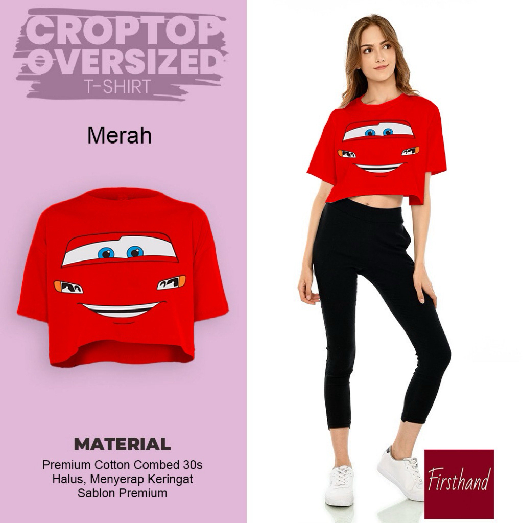 Mcqueen Crop Top เสื้อครอปขนาดใหญ่ Face Smiley Lighting Mcqueen เสื้อยืดผู้หญิงเสื้อครอปขนาดใหญ่
