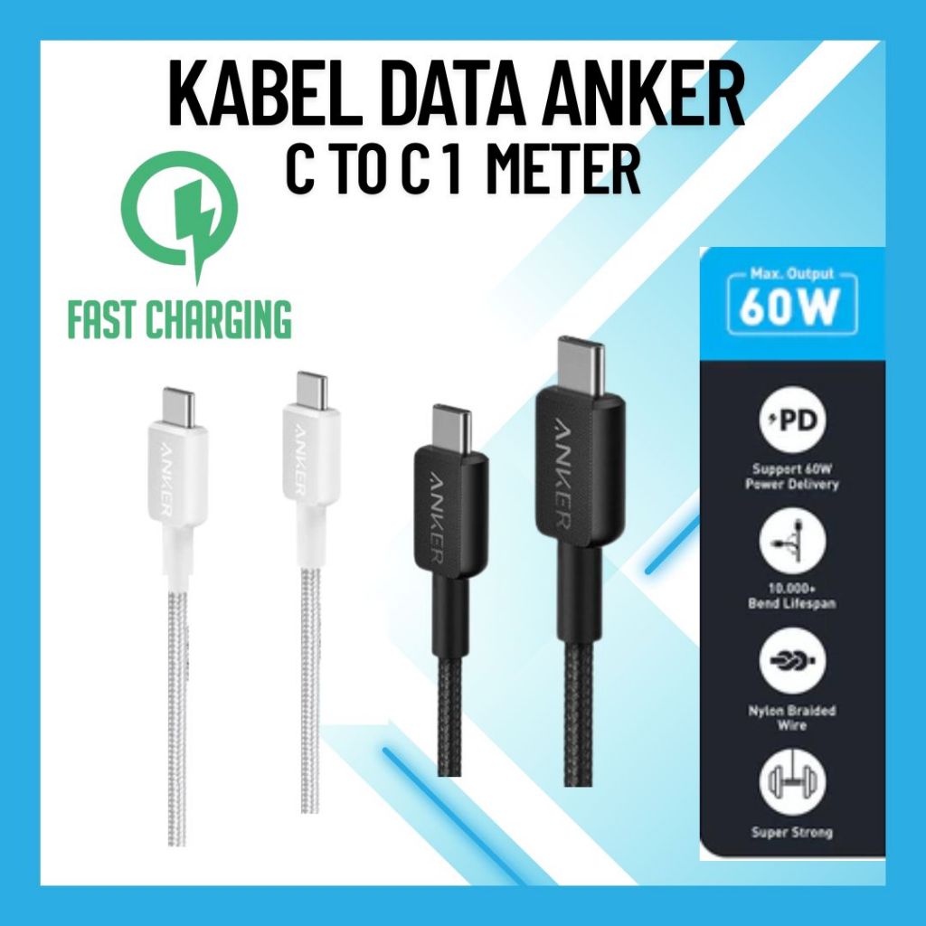 Anker TYPE C TO TYPE C 322 Data Cable [3ft Braided] 0.9 เมตร 60W สายชาร์จสําหรับ Iphone 15 16 Pro Ma