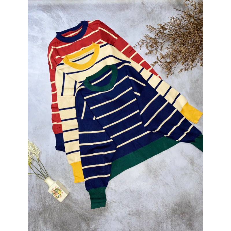 Strip Knit Sweater II เสื้อสเวตเตอร์ถักผู้หญิงลายทางด้านบน || เสื้อท็อปเกาหลี