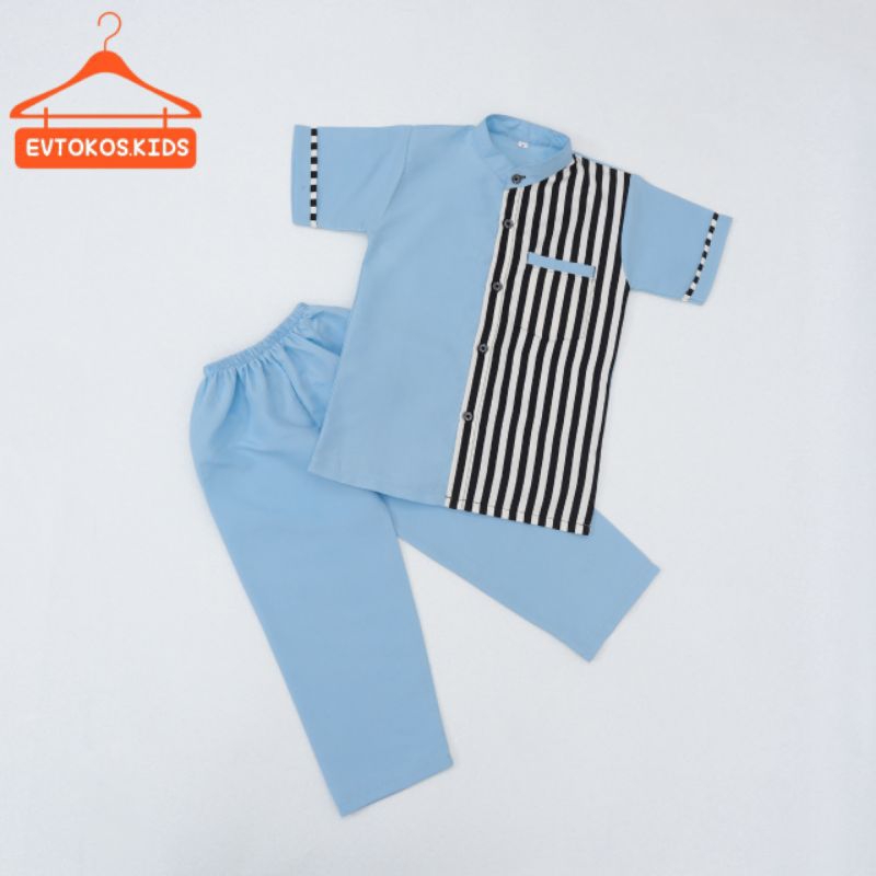 KEMEJA Koko Kurta ชุดเสื้อและกางเกงเด็กลายทางมุสลิม Koko เสื้อ 1-12 ปี