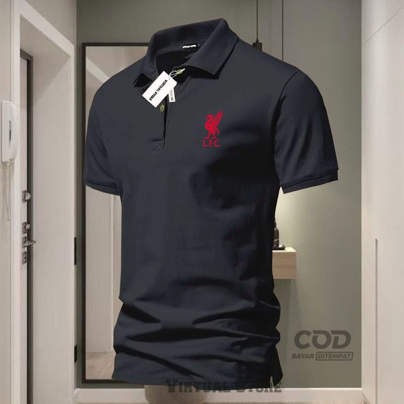 MERAH T-Shirt POLO collar Lfc Text Logo เสื้อคอปกผู้ใหญ่สีแดง / เสื้อโปโลผู้ชาย Unisex