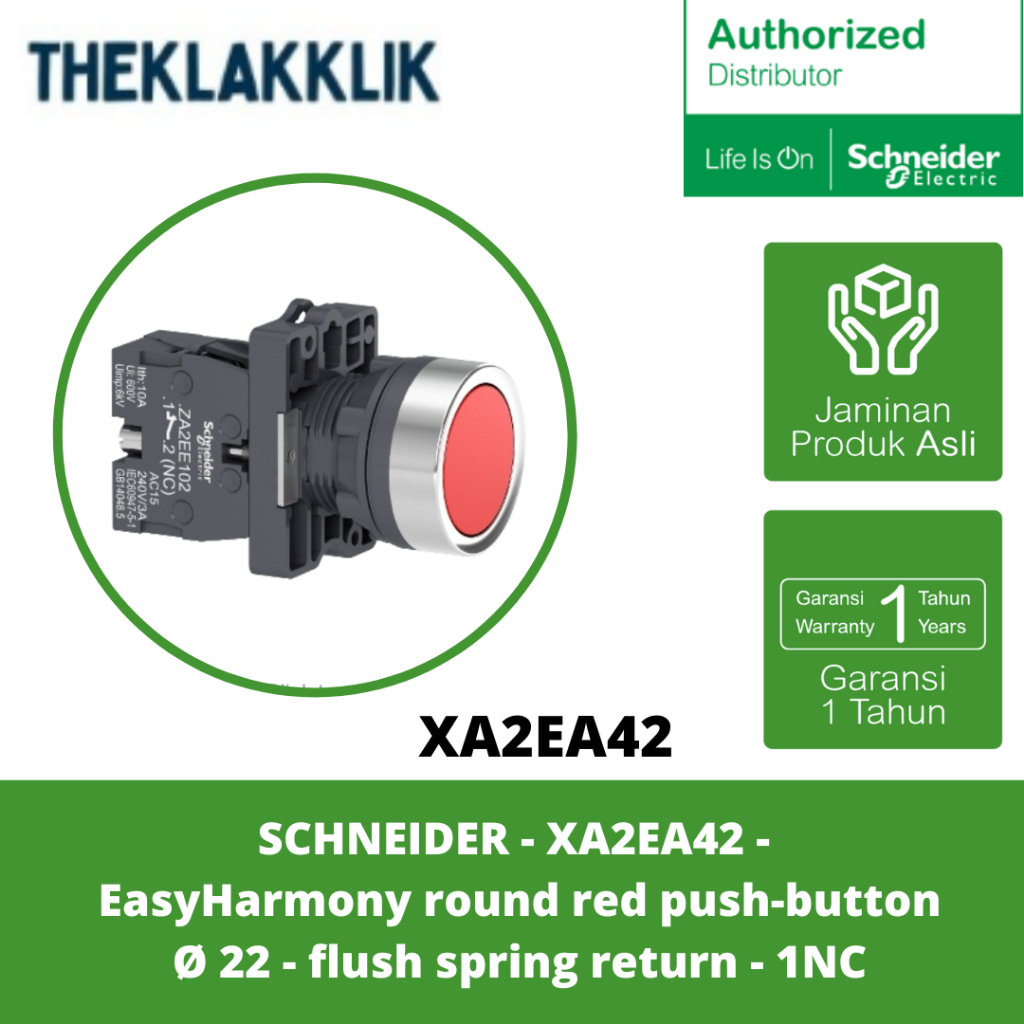 SCHNEIDER - XA2EA42 - ปุ่มกดสีแดงกลม EasyHarmony Ø 22 - 1 NCSCHNNEIDER - XA2EA42 - ปุ่มกดสีแดงกลม Ea