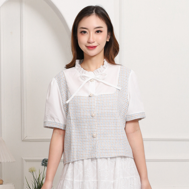 MKY CLOTHING RUFFLE COLLAR BLOUSE WITH FRONT BUTTON STRAP