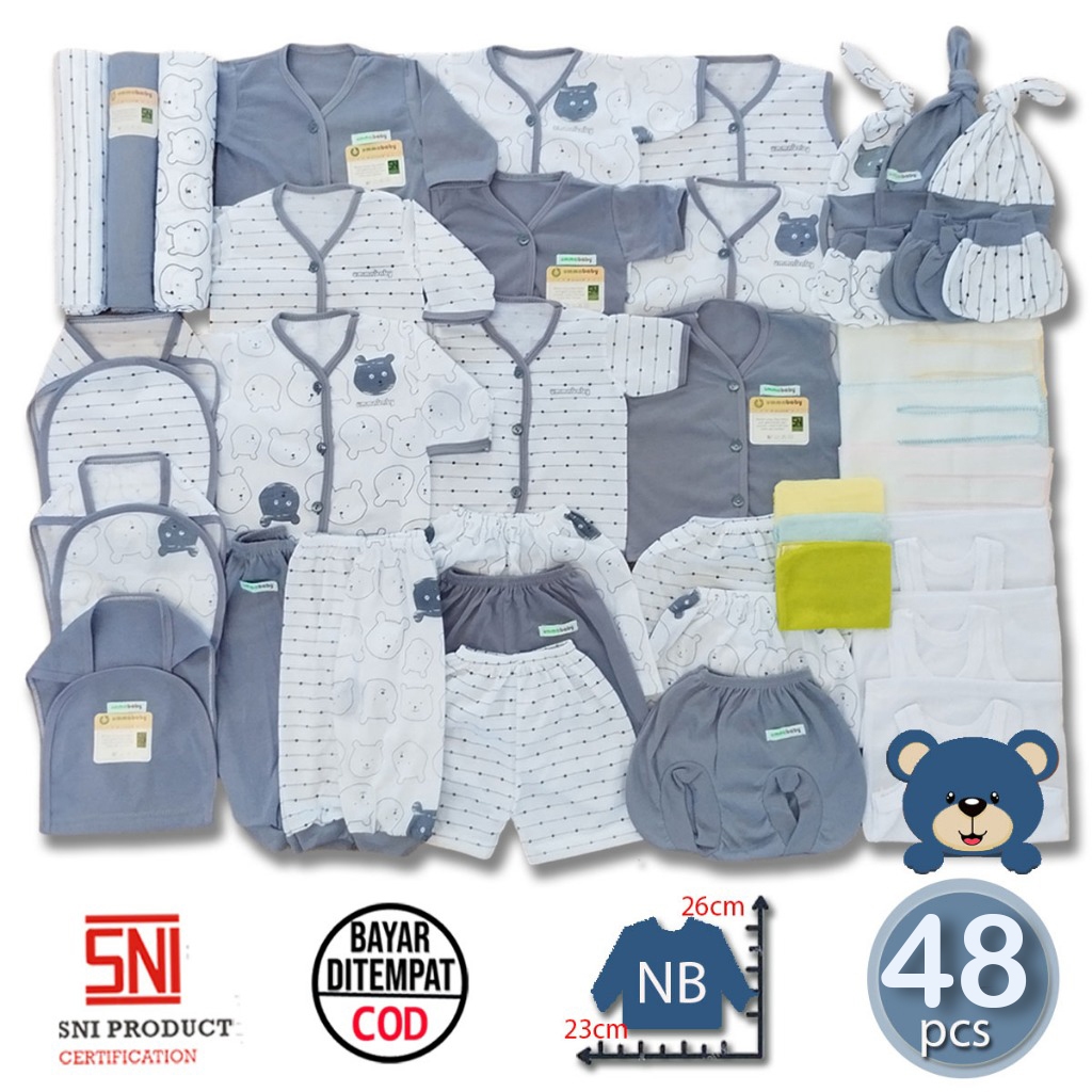Ummababyshop 48 ชิ้นทารกแรกเกิดเสื้อผ้าชุด SNI ทารกแรกเกิดอุปกรณ์แพคเกจทารกแรกเกิด 0 3 หญิงชายผ้าเช็ดตัว Swaddle เสื้อยืดผ้าอ้อม Octopus หมวกถุงมือฟุตแขนยาวสั้นชุด Kutung หมีสีเทา
