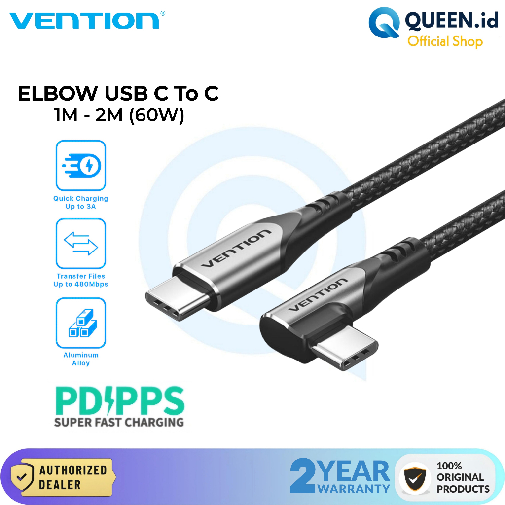 Vention Data Charger Cable Elbow USB TYPE C To C 60W 3A PD QC 1M 2M Super Fast Charging - TRA