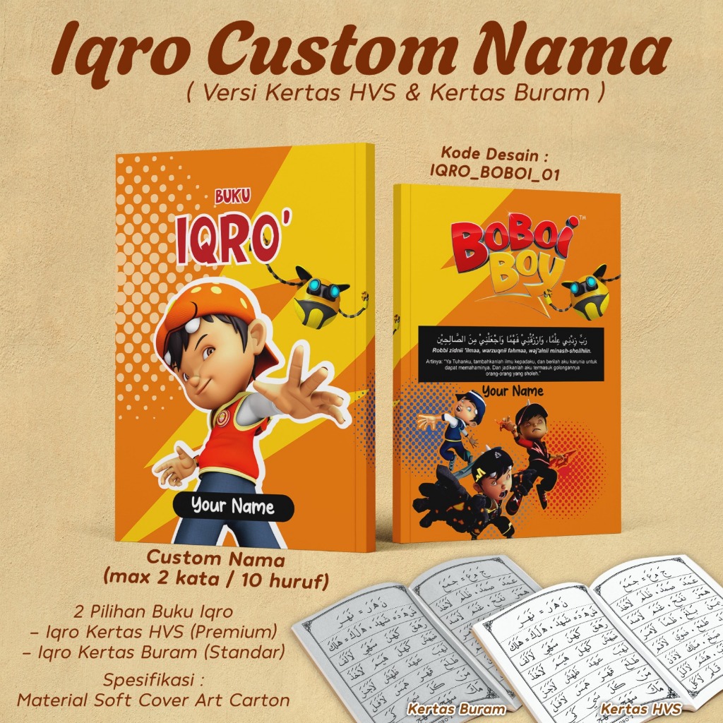 IQRO CHILDREN CUSTOM NAME / IQRO BOOK PICTURE BOBOI BOY SOFTCOVER COMPLETE IQRO 1 - 6 BOBONIBOY CHAR