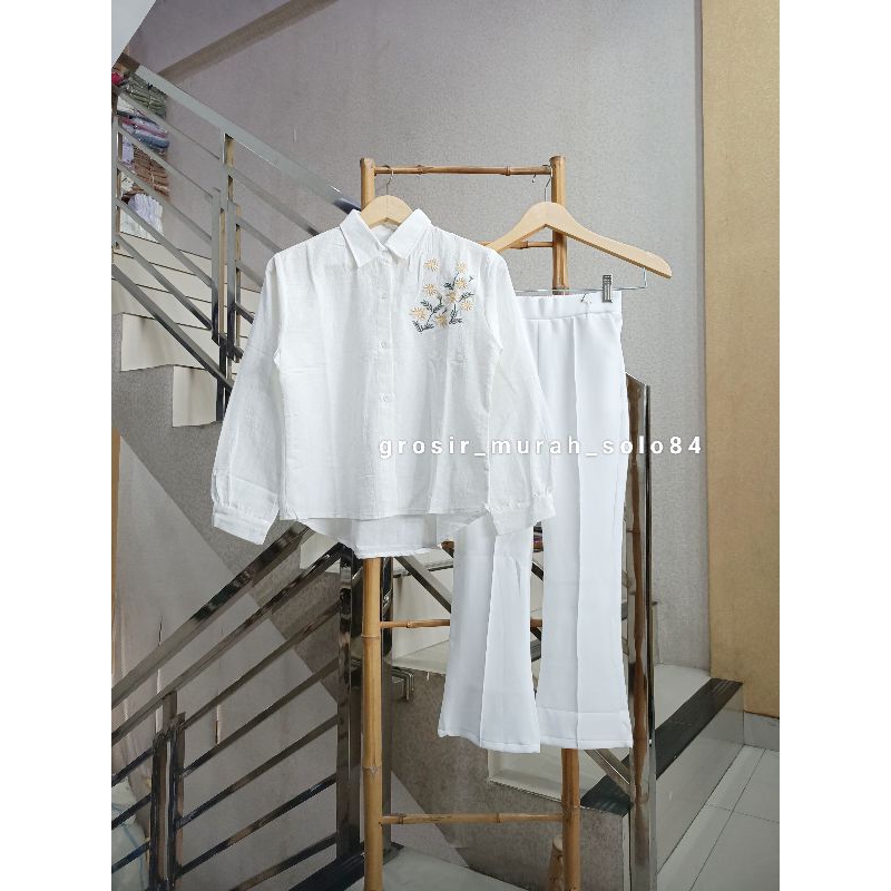 KEMEJA Beca ชุดสูทเด็กผู้หญิงเสื้อเชิ้ตผ้าลินินปักลายดอกไม้ + กางเกง Scuba Cutbray