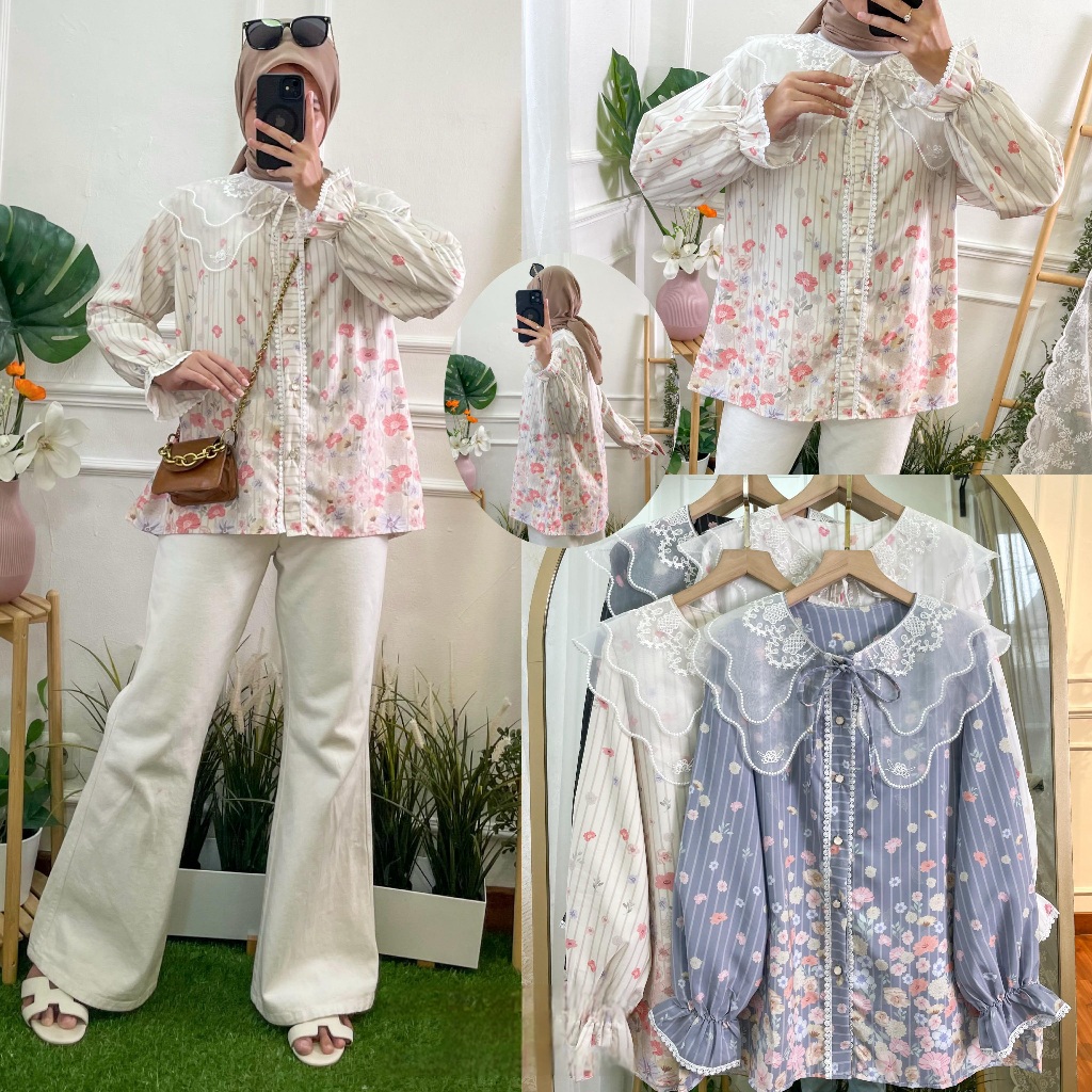 KEMEJA ZILKA COLLAR BLOUSE / Womens Top with Korean Style Print Floral Motif / Beautiful Korean COLL