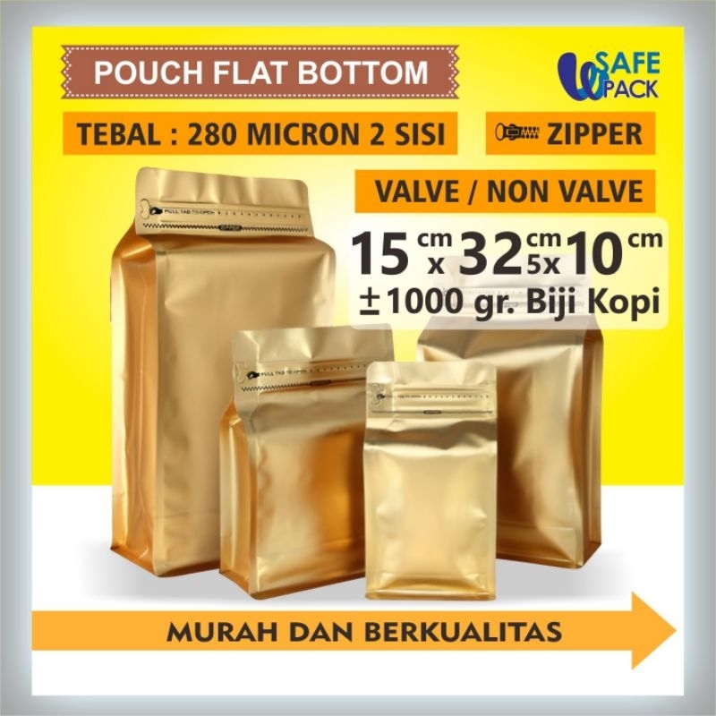 วาล์วบรรจุภัณฑ์ก้นแบน 280mic gold coffee packaging 1kg 15cm x 32.5cm + คุณภาพ 10cm