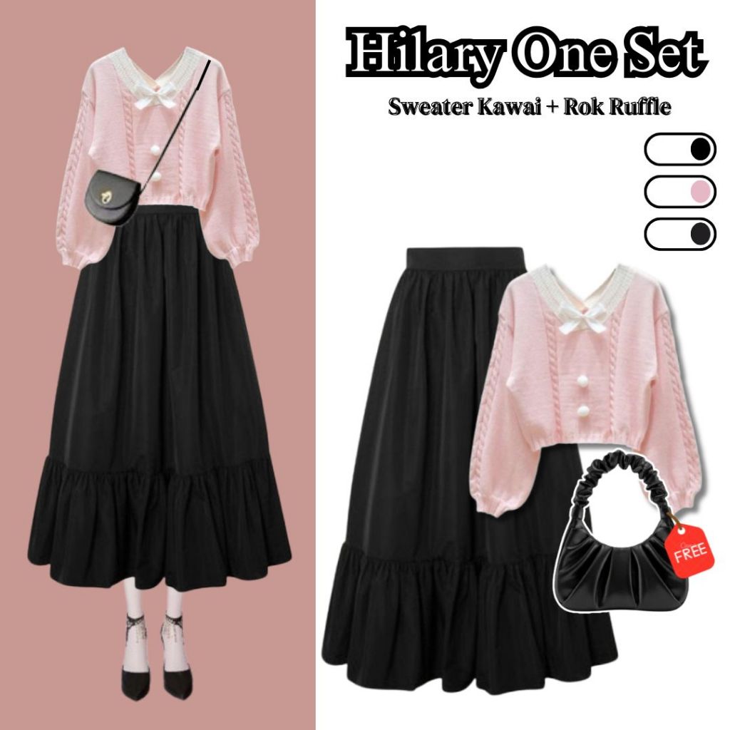 Hilary Coquette Girls Outfit Set (เสื้อกันหนาว + กระโปรงชั้น + ฮิญาบ + กระเป๋า) ชุดสูท Oneset Hangou