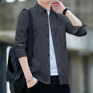 Baju Kemeja Pria Lengan Panjang Polos Abu-Abu Navy Hitam Maroon Putih Hem Cowok Keren Kantor dan Kasual Bahan Katun Premium