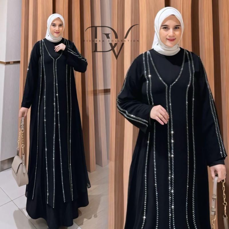 HITAM TURKEY ABAYA GAMIS BLACK SEQUENCE SWAROVSKI GOLD HAND TRUMPET SIMPLE ELEGANT