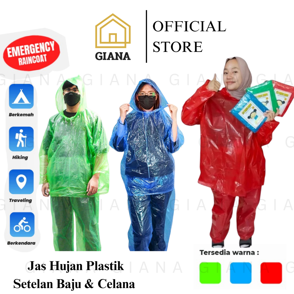 GIA เสื้อกันฝนพลาสติกสําหรับผู้ใหญ่เสื้อกันฝนกันน้ําชุดเสื้อกันฝนพลาสติกแขนยาวเสื้อสูทกางเกง LDPE HD