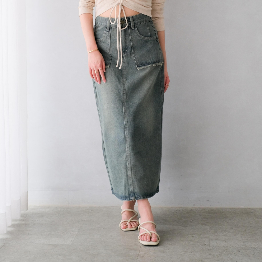 ARMY GREEN POCKET MAXI JEANS SKIRT - 18402050