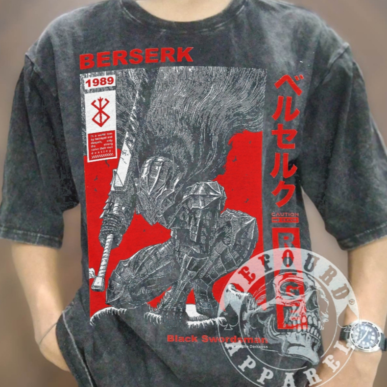 สีดํา Swordman 1989 Berkerk เสื้อยืด, BERSERK อะนิเมะเสื้อยืด, BERSERK MANGA Vintage Wash อะนิเมะ, พ