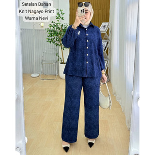 One Set Wanita Kekinian Bahan Knit Nagoya Print Adem Stretch Mix Bordir Polo Stelan Wanita Terbaru