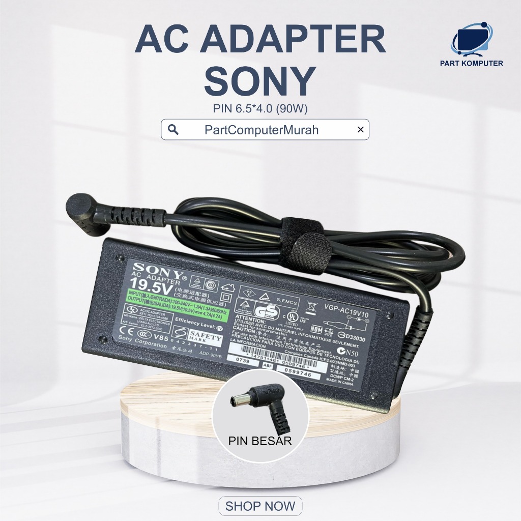 Sony 90W แล็ปท็อปอะแดปเตอร์ชาร์จ 19.5V 4.7A ปลั๊ก DC 6.5 มม.x 4.0 มม.สําหรับ Sony Vaio