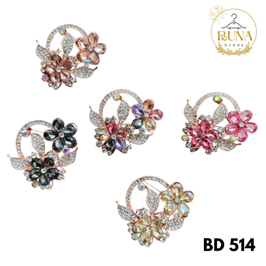 Runastore - พรีเมี่ยม jwellery zircon เข็มกลัดหน้าอกคริสตัล hijab pin พร้อมแหวนดอกไม้ motif