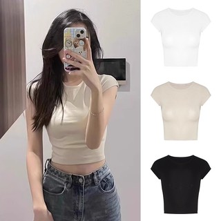 Kaus Leher Bulat Gadis Populer Warna Solid Atasan Potong Tanpa Pinggang Slim Fit Katun Murni Kualitas Tinggi Terbaru Wanita