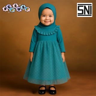 (เช่น) ชุดเดรสฮิญาบเด็กพร้อมกระเบื้องตูลูกไม้ จุด (0 - 4 ปี)…