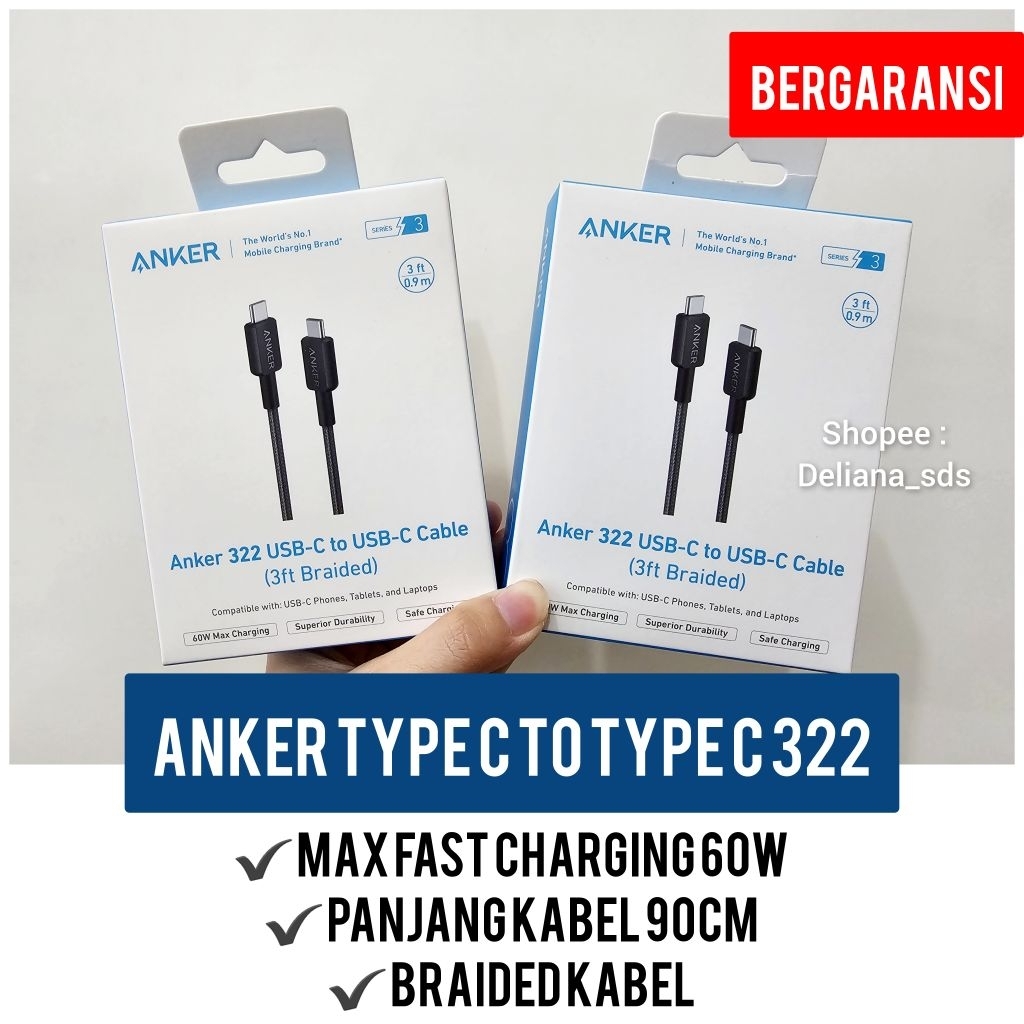 Anker Type C ถึง Type C 322 90 ซม. รับประกันอย่างเป็นทางการ 1 ปี Type C ถึง Type C Anker Cable Type 