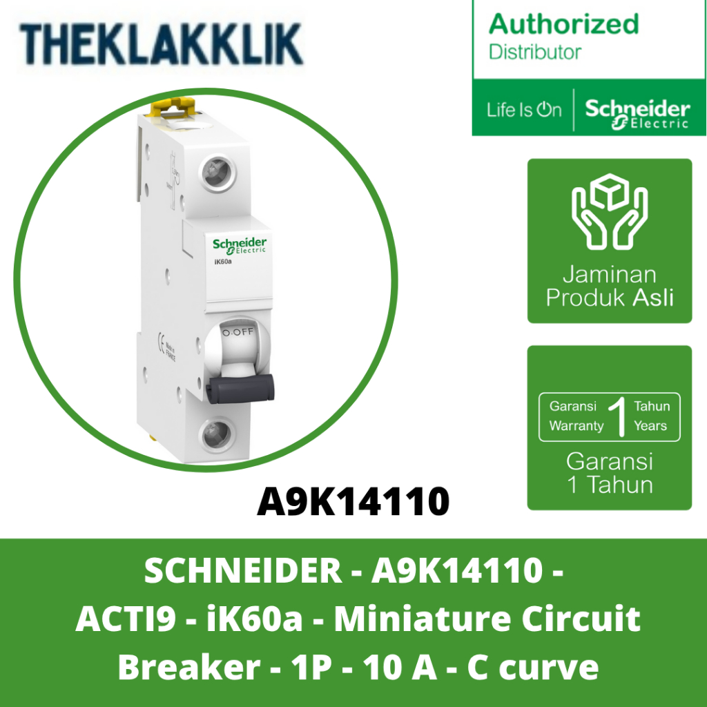SCHNEIDER - A9K14110 - ACTI9 - iK60A - เซอร์กิตเบรกเกอร์ขนาดเล็ก - 1P - 10A - C Curve