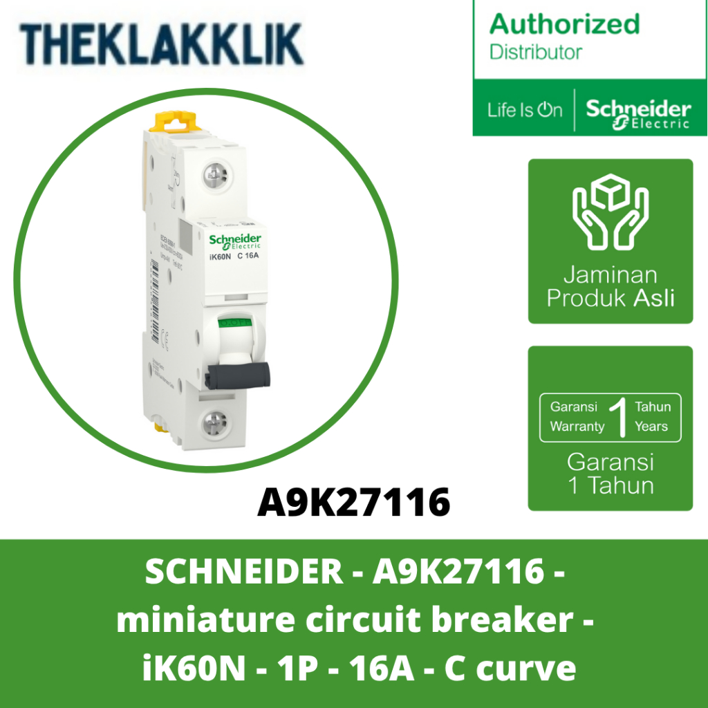 SCHNEIDER - A9K27116 - เซอร์กิตเบรกเกอร์ขนาดเล็ก - iK60N - 1P 16A - C Curve