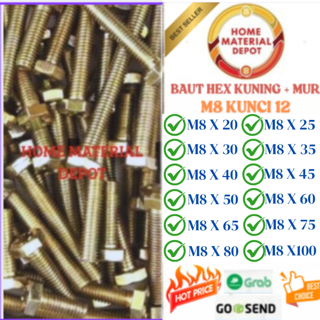 M8 Bolt Nut Key 12 Pitch 1.25 หกเหลี่ยมสีเหลือง 1 ชิ้น | M8 น็อตเหลือง | M8 จานแหวน | แหวนต่อ M8