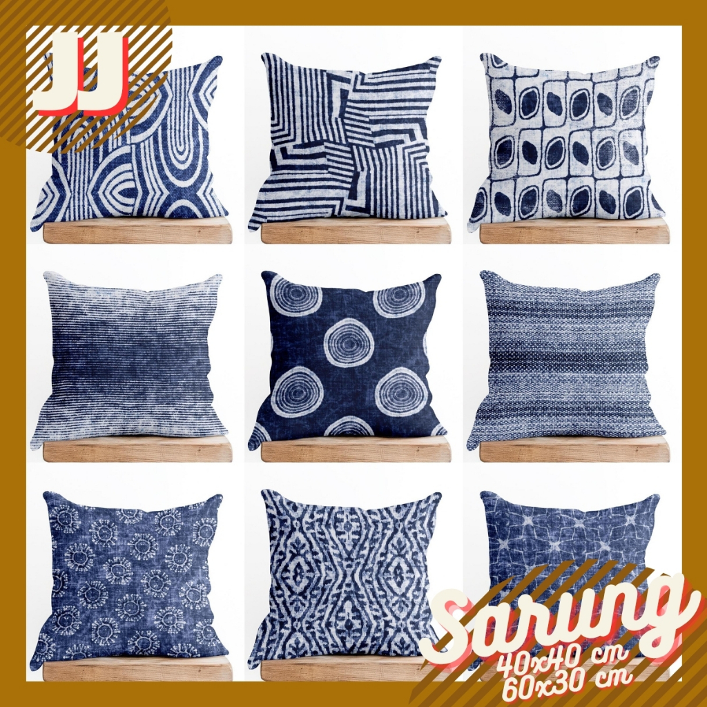 BLUE INDIGO WASH 2-SIDED PRINTED SOFA CUSHION COVERS 40X40 และ 60X30 CM