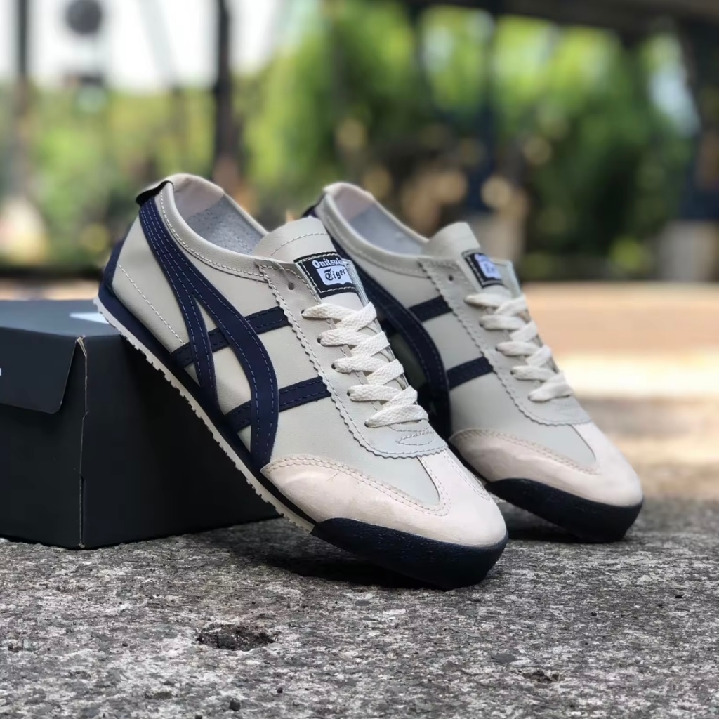 Onitsuka Tiger Mexico 66 รองเท้าผ้าใบผู้ชายและผู้หญิงหนังสังเคราะห์ครีม Navy Size 36-44
