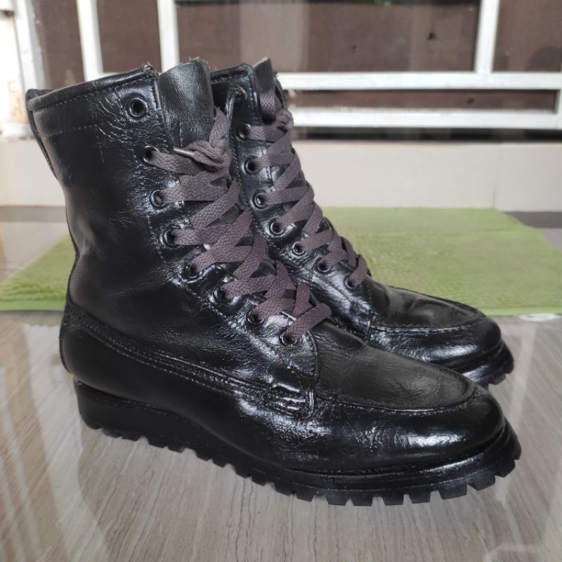 LL Bean Moctoe Boots Lace Up VIBRAM Sole Vintage หนังสีดําแท้ขนาด 36 พื้นรองเท้า 22-22.5 Cm