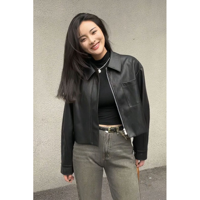 SAVANIC ล่าสุด Cool Womens Crop Leather Jacket Casual Womens Leather Jacket Womens Crop Jacket Women