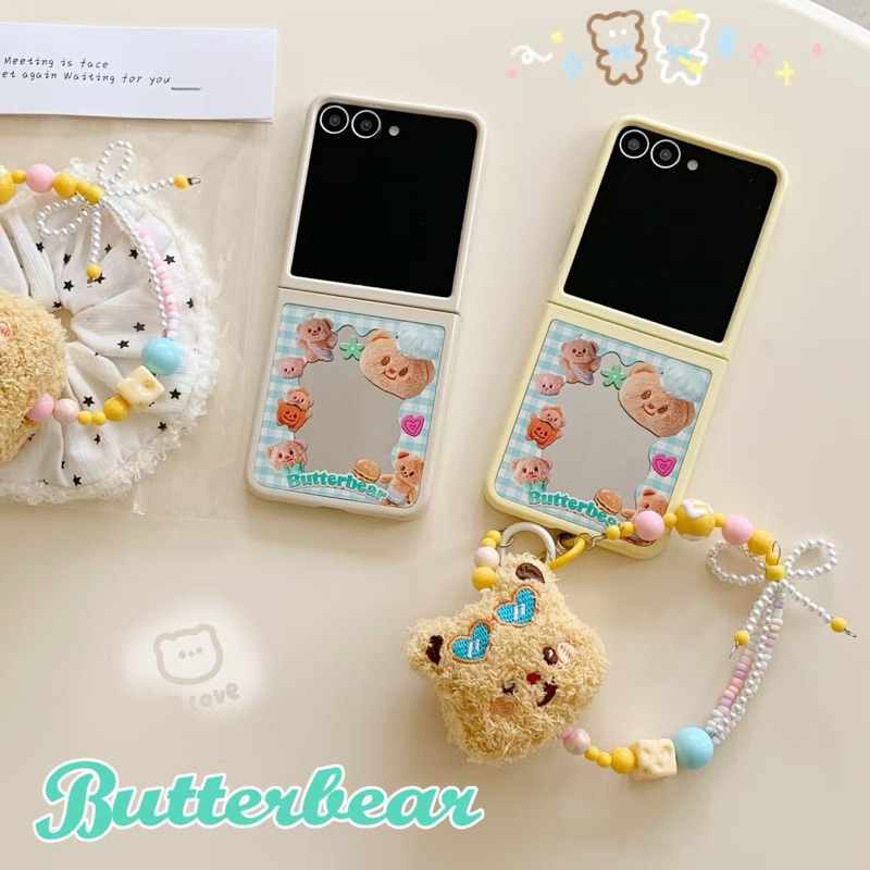 HP GANTUNGAN ใหม่กรอบกว้างกรณี Zflip7 7FE กระจก Butterbear แก้วน่ารักพร้อมโซ่น่ารัก Viral TPU สําหรั
