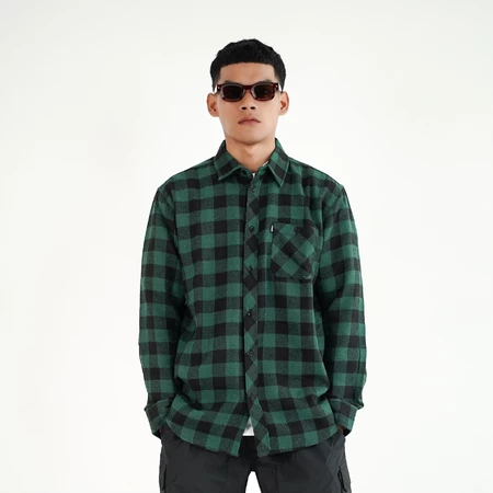KEMEJA Rown Division Storage Flannel Shirt - Rowndvsn Fudan Green Flannel Shirt