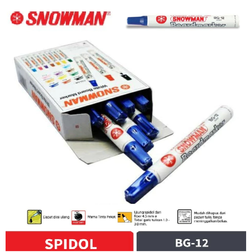 Snowman ปากกาไวท์บอร์ด BG-12 BLUE 1 กล่อง (12 ชิ้น) สีสีน้ําเงินลบได้ 6 ชิ้น & 12 ชิ้น/กล่องเพอร์บ็อกซ์