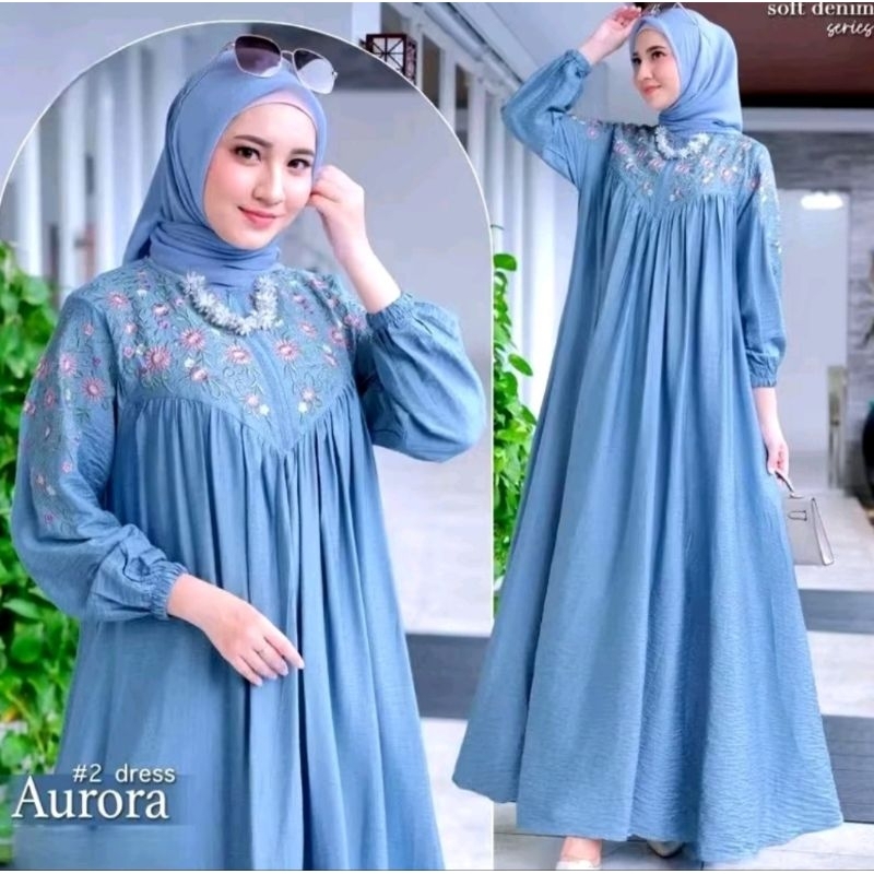 AURORA GAMIS BROIDERED CRINGKLE AIRFLOW LD 110 MUSLIM ผู้หญิงล่าสุด GAMIS BUSUI CRINGKLE MIX BRUKLAT EMBROIDERED ทันสมัย