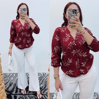Grosir Natalia | Blouse Kancing Motif Daun Bahan Rayon