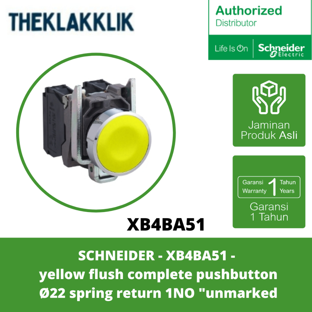 SCHNEIDER - XB4BA51 - ปุ่มกดปุ่มกดครบชุดสีเหลือง Ø22 1NO